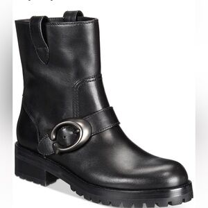 Coach Black Leather Combat Boots with Gunmetal Silver Buckle